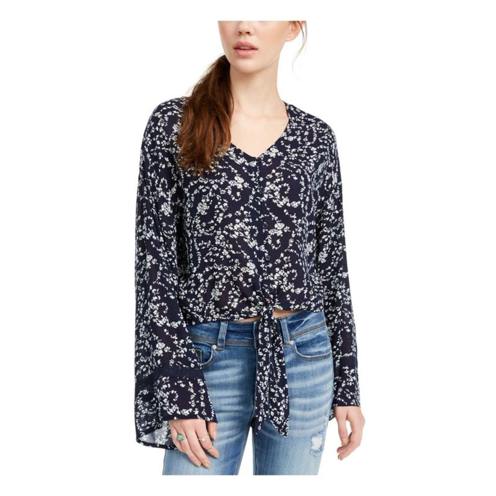 FRESHMAN FOREVER Womens Navy Tie-waist Crochet-trim Bell Sleeve Blouse Juniors L